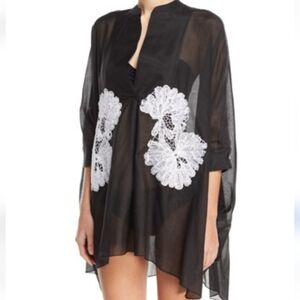 Lila Eugenie Split-Neck 3/4-Sleeve Voile Kaftan with Lace, One Size